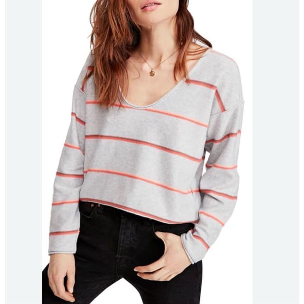 Free People Make You Mine Women's Gray Striped Pullover Boho Sweater Small